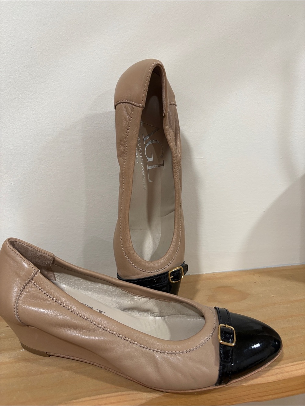 AGL Beige Leather Wedges Shoes, Size 39